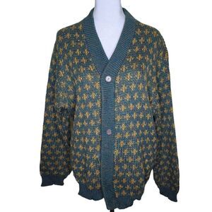 Vintage 60s Wool Cardigan Sweater Women's Size L Green Gold Chunky Knit Fleur De